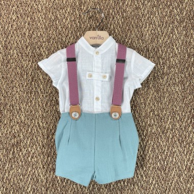 Completo camicia bermuda e bretelle Neonato 0/36
