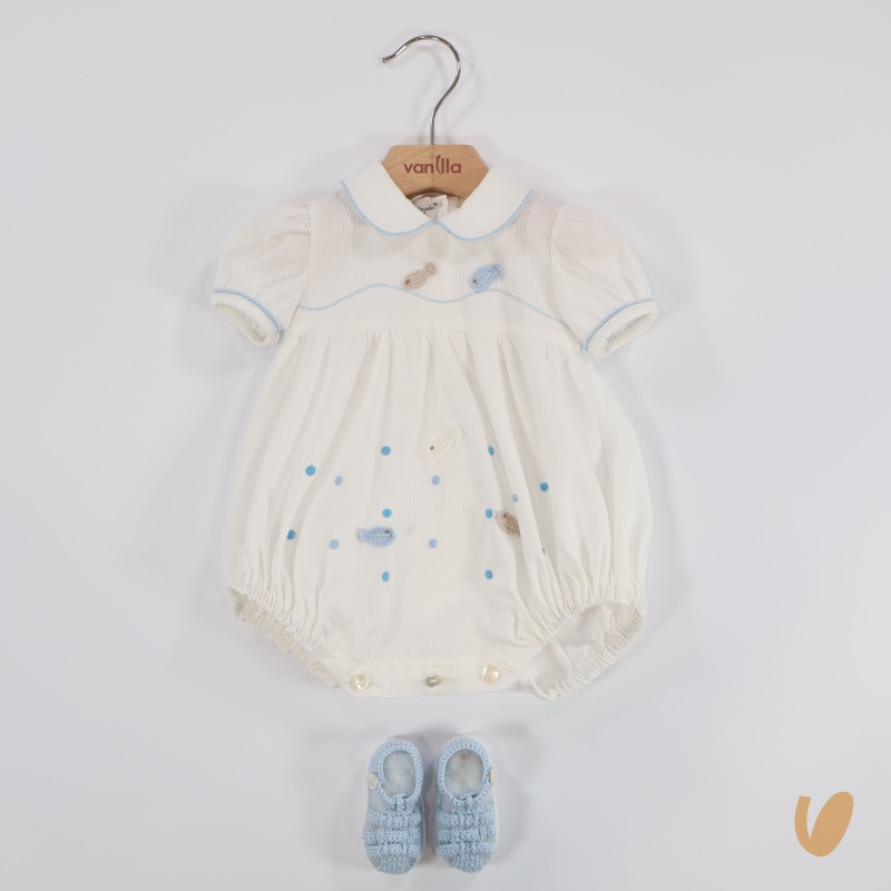 Pagliaccetto e scarpette ricamate a mano Set Nascita e Uscita Clinica