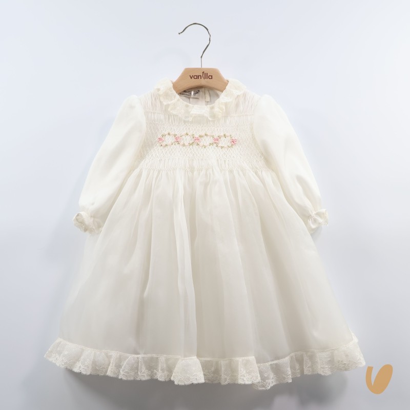 Abito organza di seta ricamato a mano Battesimo