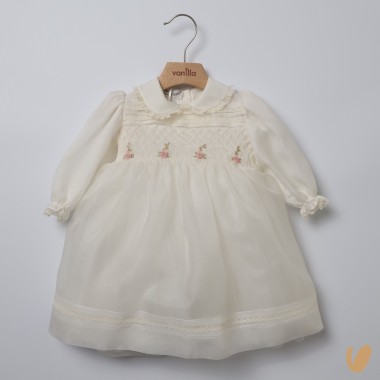 Abito organza di seta ricamato a mano Battesimo