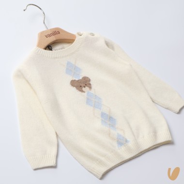 Maglioncino orsetto e rombi lana e cashmere Neonato