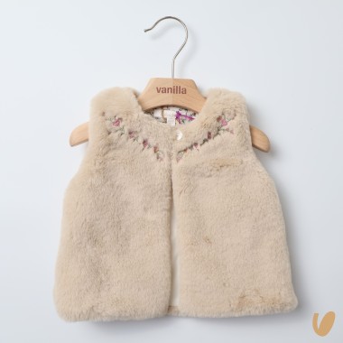 Smanicato in ecopelliccia ricamo fiori Neonata