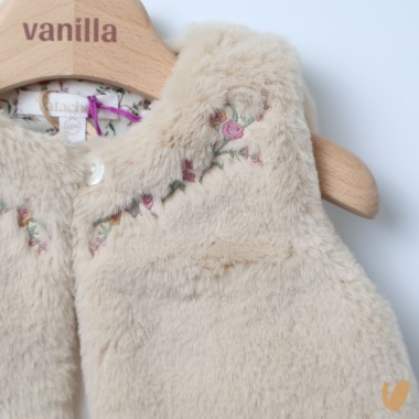 Smanicato in ecopelliccia ricamo fiori Neonata