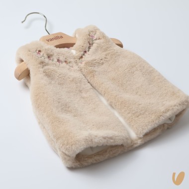 Smanicato in ecopelliccia ricamo fiori Neonata
