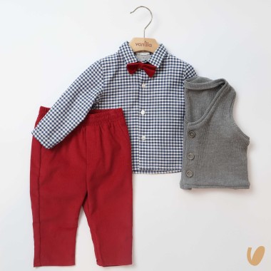 Completo vichy e velluto Neonato