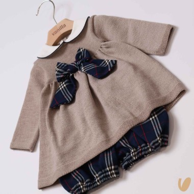 Completo fiocco lana e quadri Neonata