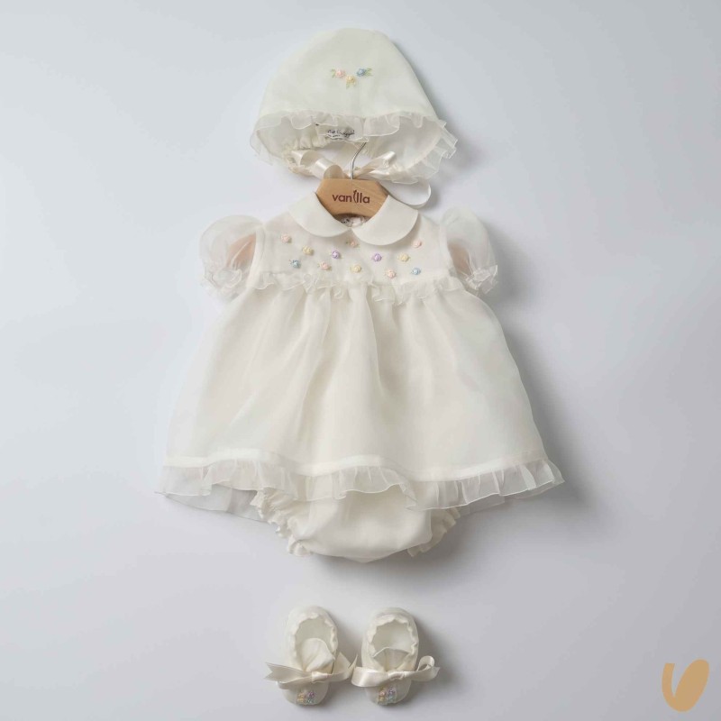 Completo in seta ricamo roselline Battesimo