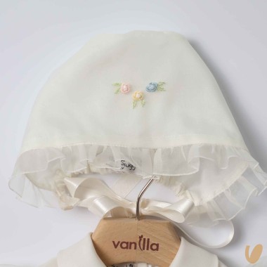 Completo in seta ricamo roselline Battesimo