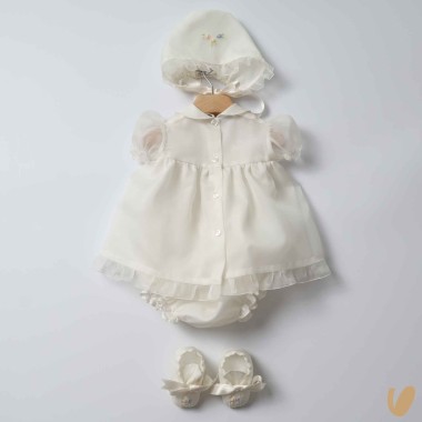 Completo in seta ricamo roselline Battesimo