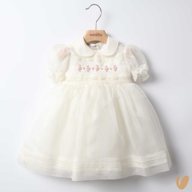 Abito in organza di seta punto smock Battesimo