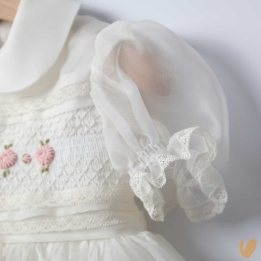 Abito in organza di seta punto smock Battesimo