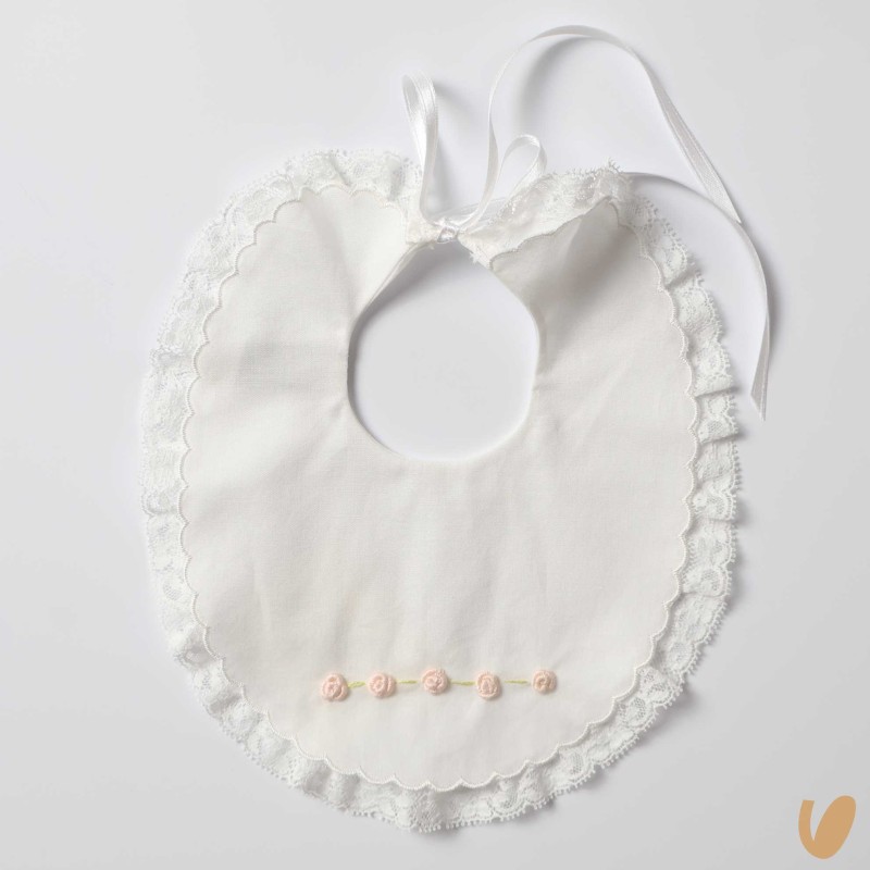 Bavetta ricamata a mano roselline Mussole e Bavette