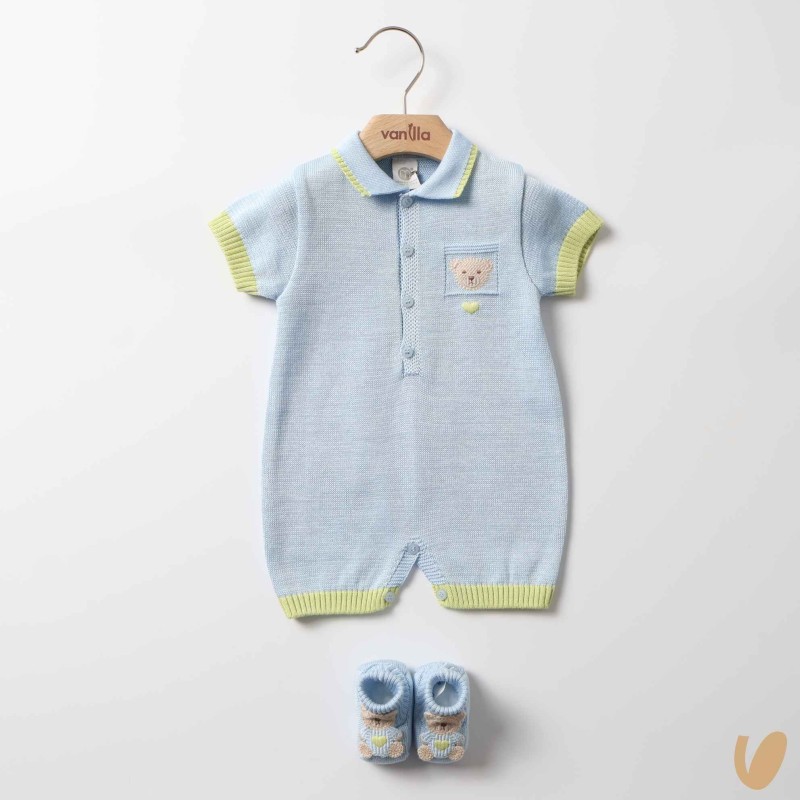 Pagliaccetto e scarpe nascita in filo di cotone Completo e Pagliaccetto