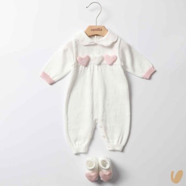 Tutina scarpe in filo ricamo cuori Set Nascita e Uscita Clinica