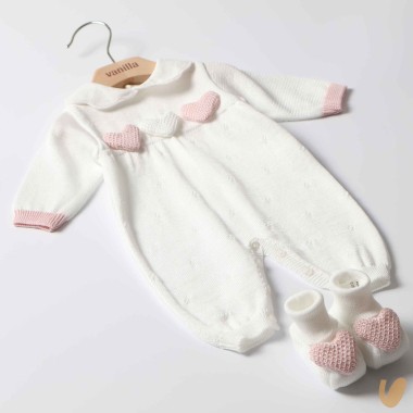 Tutina scarpe in filo ricamo cuori Set Nascita e Uscita Clinica