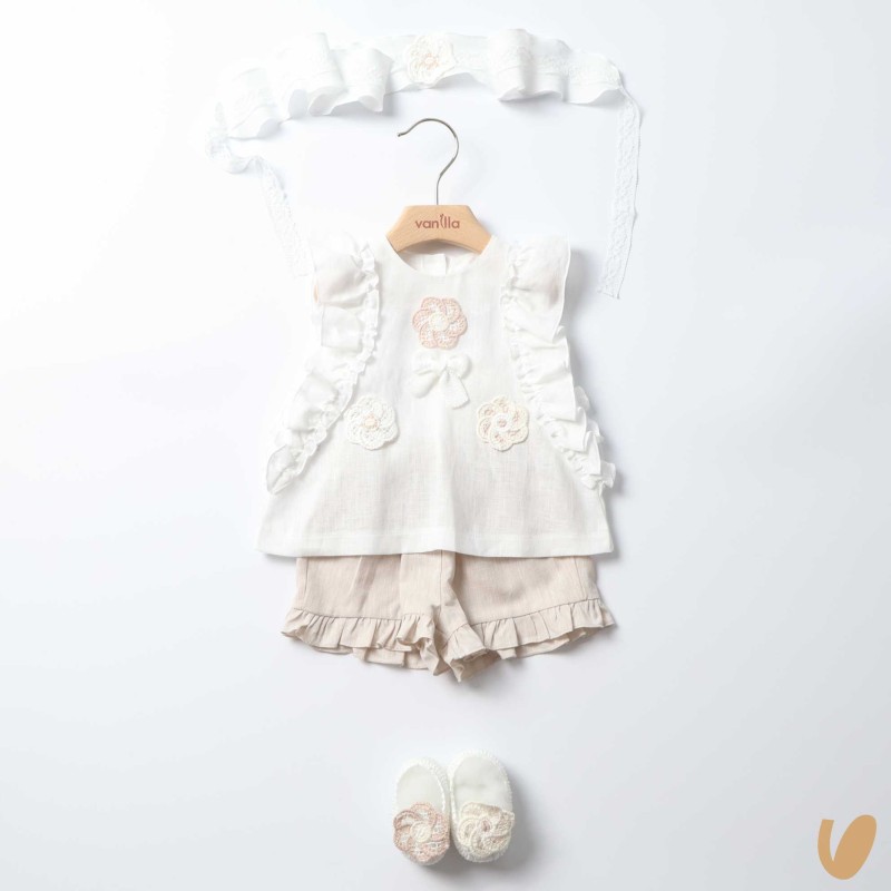 Completo in lino e crochet Completo e Pagliaccetto