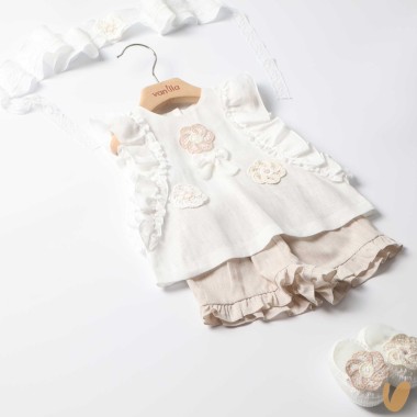 Completo in lino e crochet Completo e Pagliaccetto