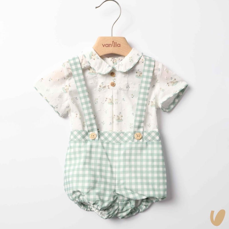 Salopette vichy e camicia coniglietti Completo e Pagliaccetto