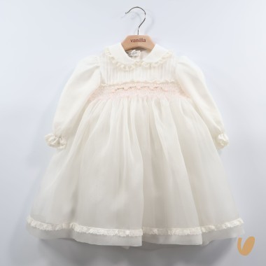 Abito organza di seta ricamato a mano Battesimo