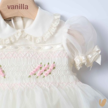 Abito in organza di seta punto smock Battesimo