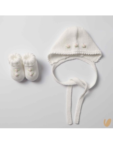 Scarpette e cuffia roselline ricamate a mano Cappello e Guanti