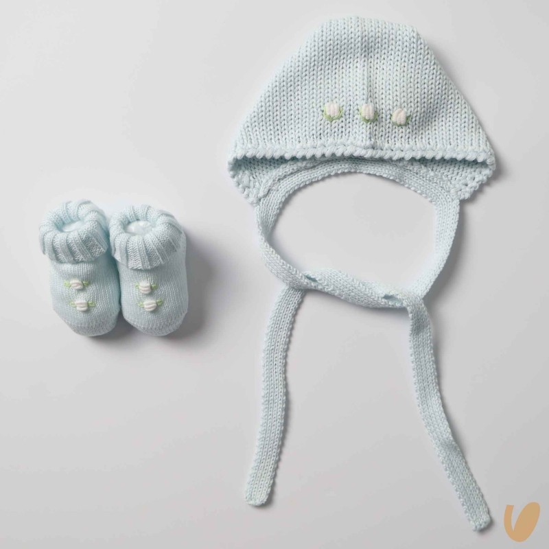 Scarpette e cuffia roselline ricamate a mano Cappello e Guanti