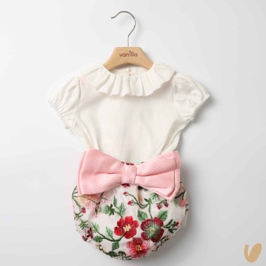 Camicia lino e culotte fiori con fiocco Completo e Pagliaccetto