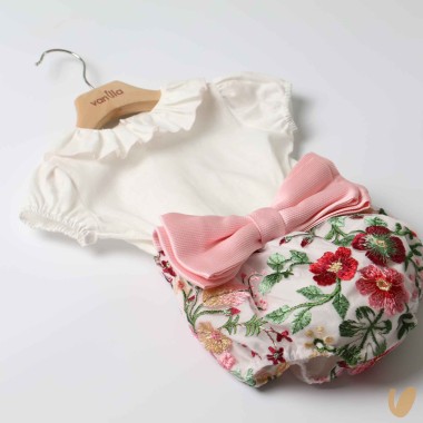 Camicia lino e culotte fiori con fiocco Completo e Pagliaccetto