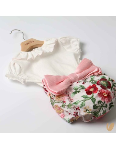 Camicia lino e culotte fiori con fiocco Completo e Pagliaccetto