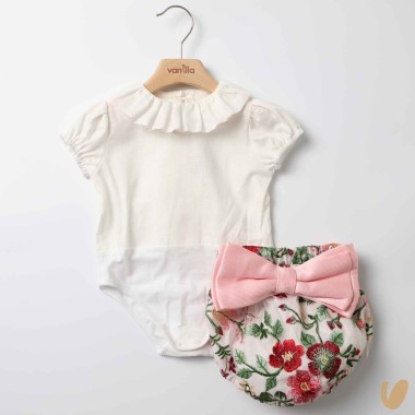 Camicia lino e culotte fiori con fiocco Completo e Pagliaccetto