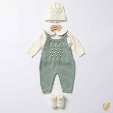 Set Nascita Lana Merino con Salopette Nido D'ape Set Nascita e Uscita Clinica