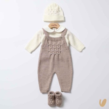 Set Nascita Lana Merino con Salopette Nido D'ape Set Nascita e Uscita Clinica
