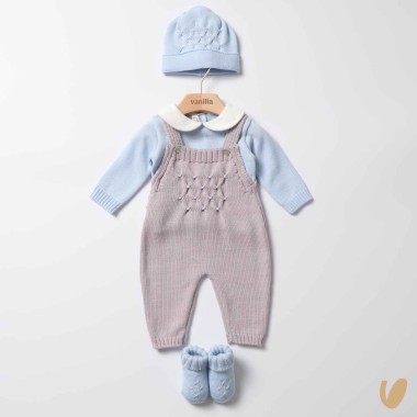 Set Nascita Lana Merino con Salopette Nido D'ape Set Nascita e Uscita Clinica